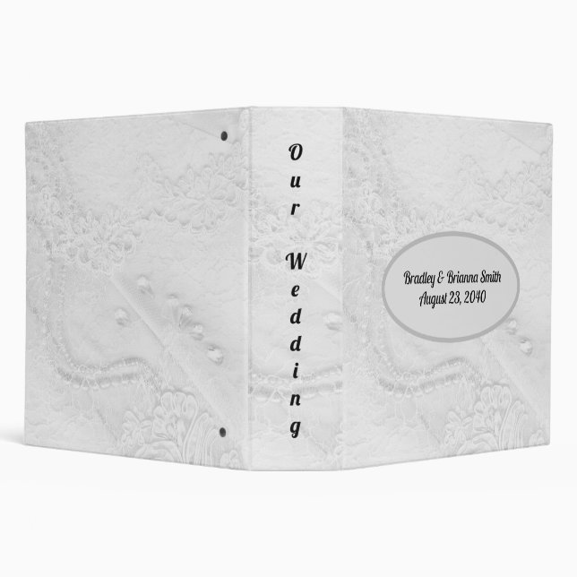 White and Silver Lace and Pearls on Satin Wedding 3 Ring Binder (Background)