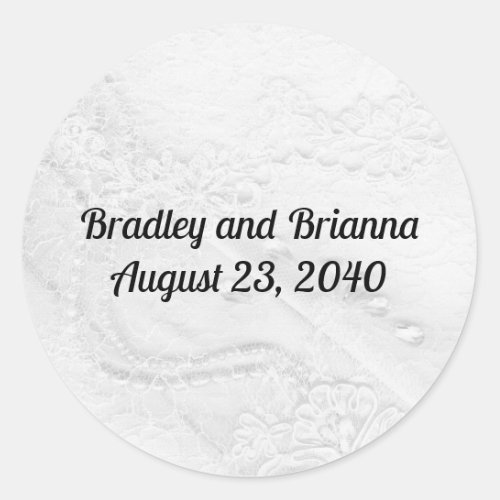 White and Silver Lace and Pearls on Satin Wedding Classic Round Sticker