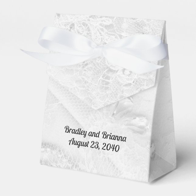 White and Silver Lace and Pearls on Satin Wedding Favor Boxes (Front Side)