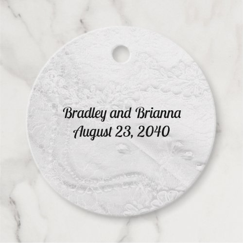 White and Silver Lace and Pearls on Satin Wedding Favor Tags