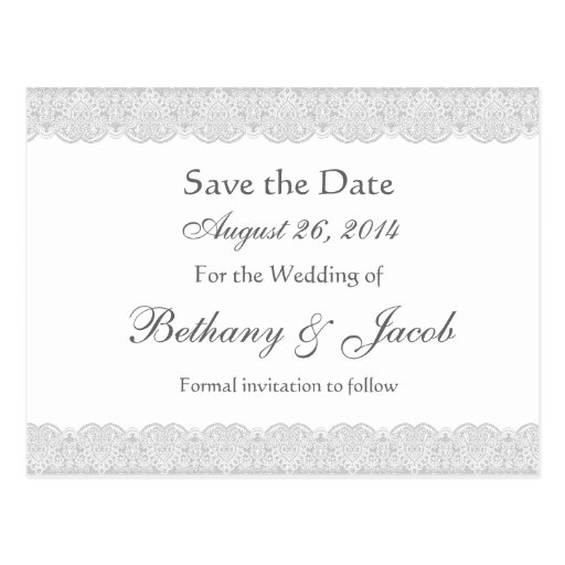 White and Silver Lace Save the Date Wedding A20 Postcard | Zazzle