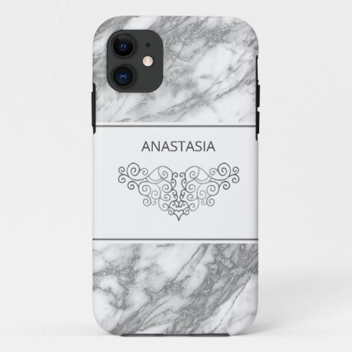 White And Silver Marble Monogram iPhone 11 Case