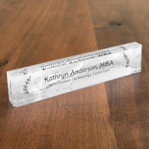 White and Silver Marble Professional Desk Name Plate