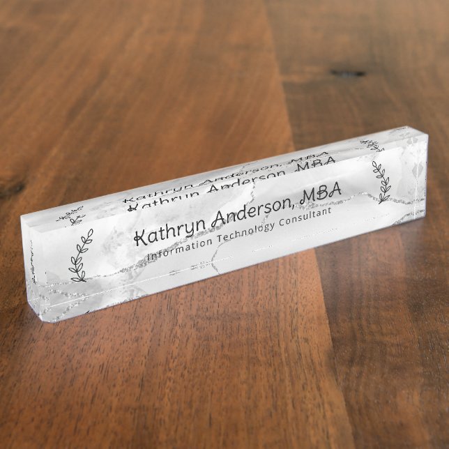 White and Silver Marble Professional Desk Name Plate (Side)