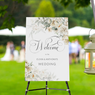 White and silver sage floral wedding welcome sign
