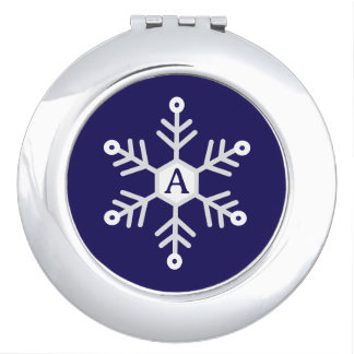 White and Silver Snowflake Christmas Initial Blue Compact Mirror