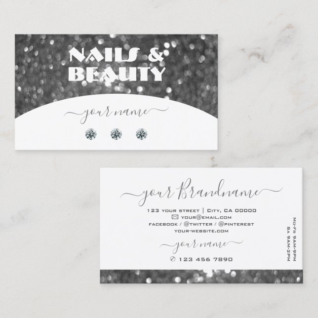 White and Silver Sparkle Glitter Diamonds Stylish Business Card (Front/Back)