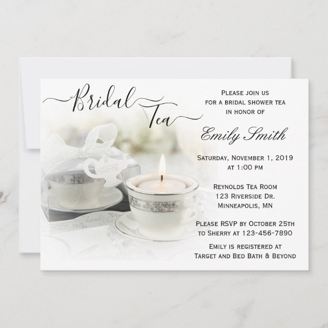 White and Silver Teacup Bridal Shower Tea Invitation (Front)