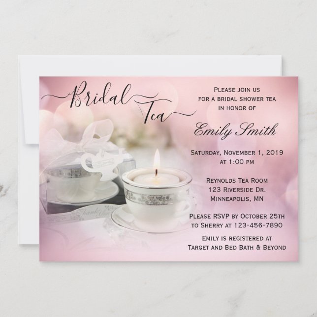 White and Silver Teacup on Pink Bridal Shower Tea Invitation (Front)