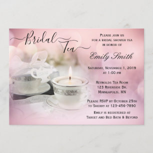 White and Silver Teacup on Pink Bridal Shower Tea Invitation
