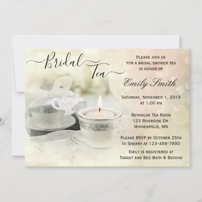 White and Silver Teacup Shimmer Bridal Shower Tea Invitation (Front)