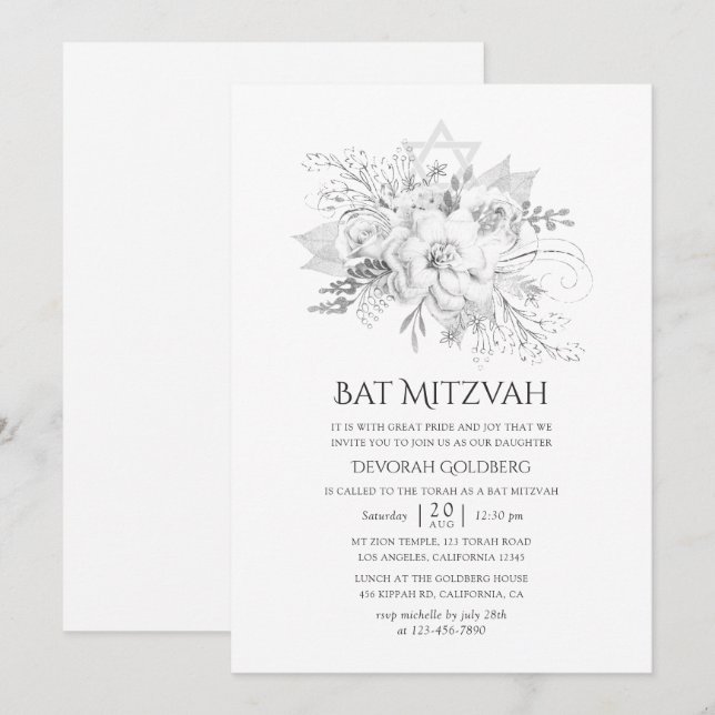 White and Silver Vintage Floral Bat Mitzvah Invitation (Front/Back)