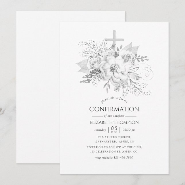 White and Silver Vintage Floral Confirmation Invitation (Front/Back)