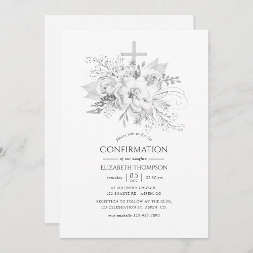 White and Silver Vintage Floral Confirmation Invitation