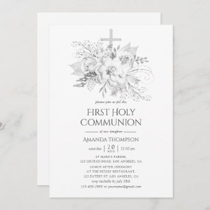 White and Silver Vintage Floral Holy Communion Invitation