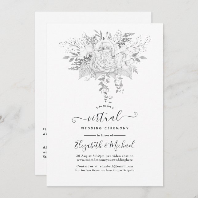 White and Silver Vintage Roses Virtual Wedding Invitation (Front/Back)