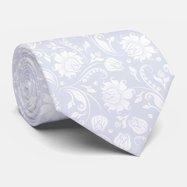 White and soft blue-gray floral damasks neck tie (Rolled)