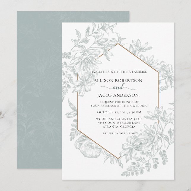 White and Soft Sage Green Geometric Floral Wedding Invitation (Front/Back)