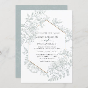 White and Soft Sage Green Geometric Floral Wedding Invitation