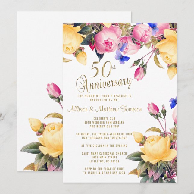 White and Spring Floral 50th Anniversary Invitation (Front/Back)