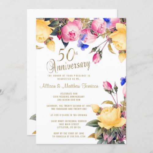 White and Spring Floral 50th Anniversary Invitation