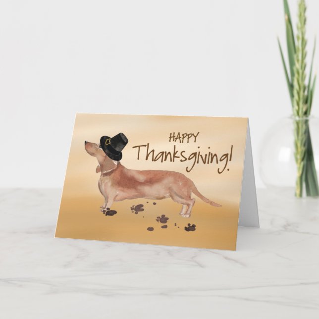 White and Tan Dachshund Pilgrim Hat Thanksgiving Card (Front)