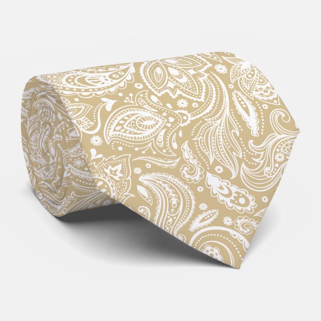 White And Tan Floral Paisley Pattern Neck Tie (Rolled)