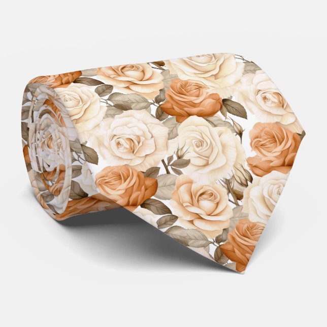 White and Tan  Roses on White Neck Tie (Rolled)