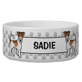 White And Tan Wire Fox Terrier And Paws &amp; Name Bowl