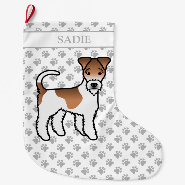 White And Tan Wire Fox Terrier Cute Dog & Name Large Christmas Stocking (Front)
