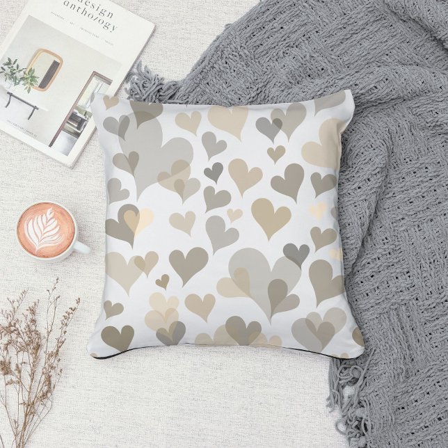  White And Taupe Hearts Pattern Elegant Girly Cute Throw Pillow (Creator Uploaded)