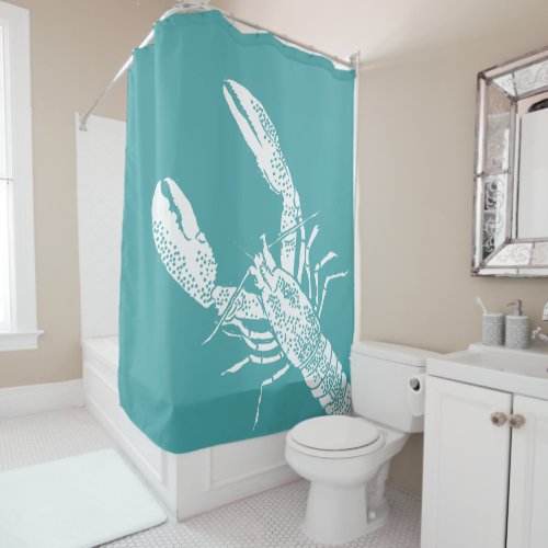 White and Teal Blue Lobster Graphic Shower Curtain