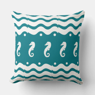 white and teal blue SEA HORSE coastal living Throw Pillow