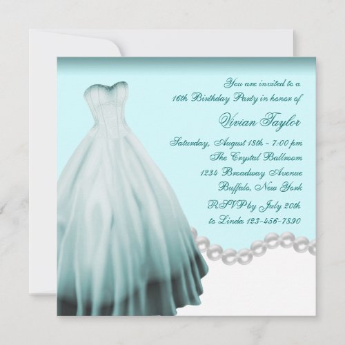 White and Teal Blue Sweet Sixteen Birthday Party Invitation