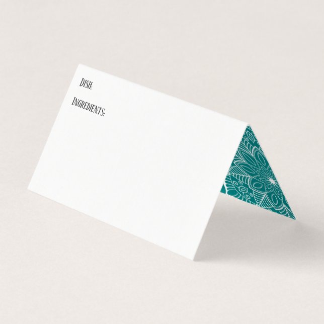White and Teal Buffet Table Recipe Tent Cards (Front)