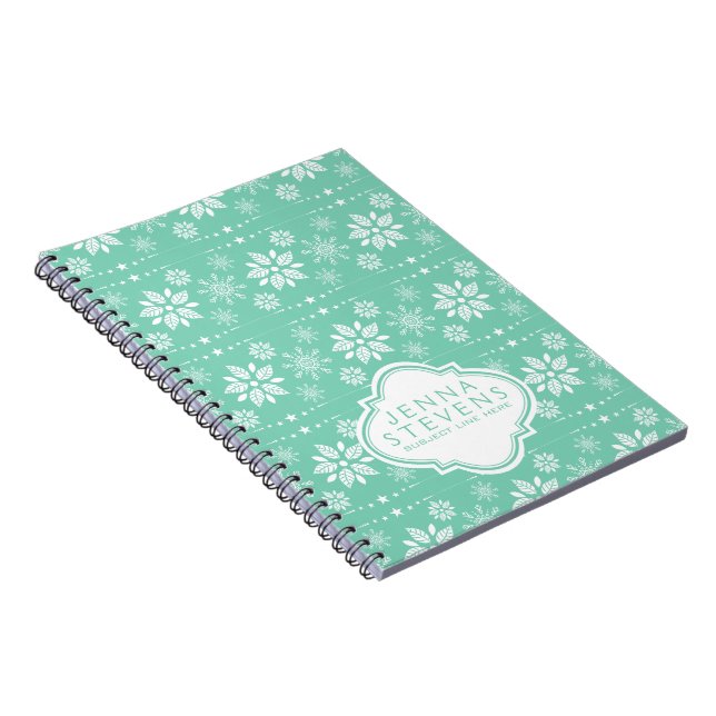 White And Teal Christmas Snowflakes Pattern Notebook (Right Side)
