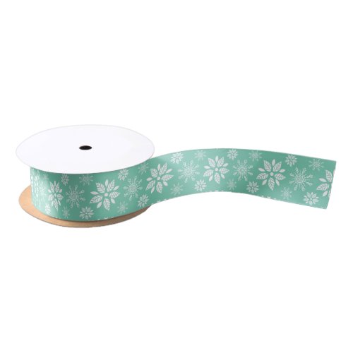 White And Teal Christmas Snowflakes Pattern Satin Ribbon