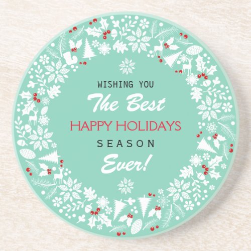 White And Teal Christmas Wreath Happy Holidays Sandstone Coaster