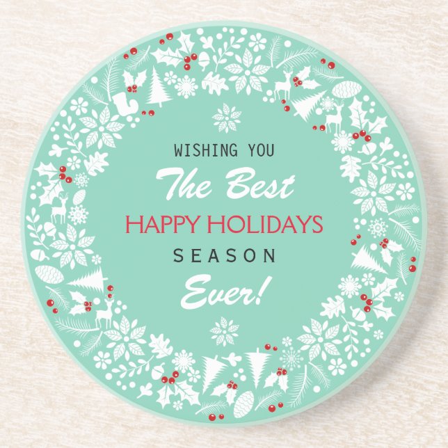 White And Teal Christmas Wreath Happy Holidays Sandstone Coaster (Front)