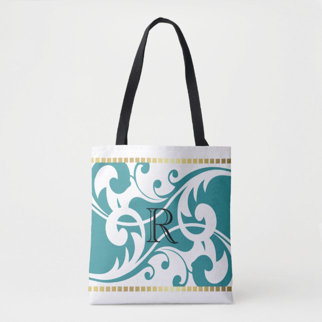 White and Teal Flourish Gold Border Monogram Tote Bag (Front)