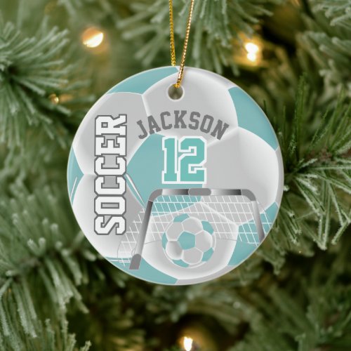 White and Teal Personalize Soccer Ball âš Ceramic Ornament