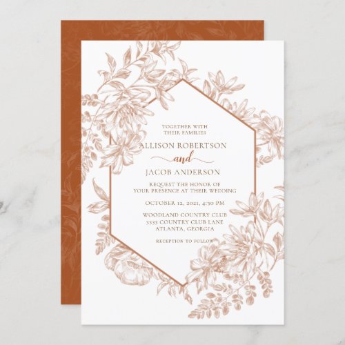 White and Terra Cotta Geometric Floral Wedding Invitation