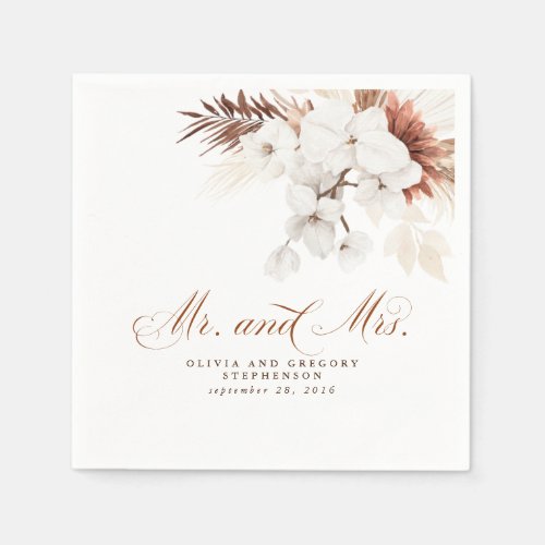 White and Terracotta Flowers Mr and Mrs Wedding Napkins
