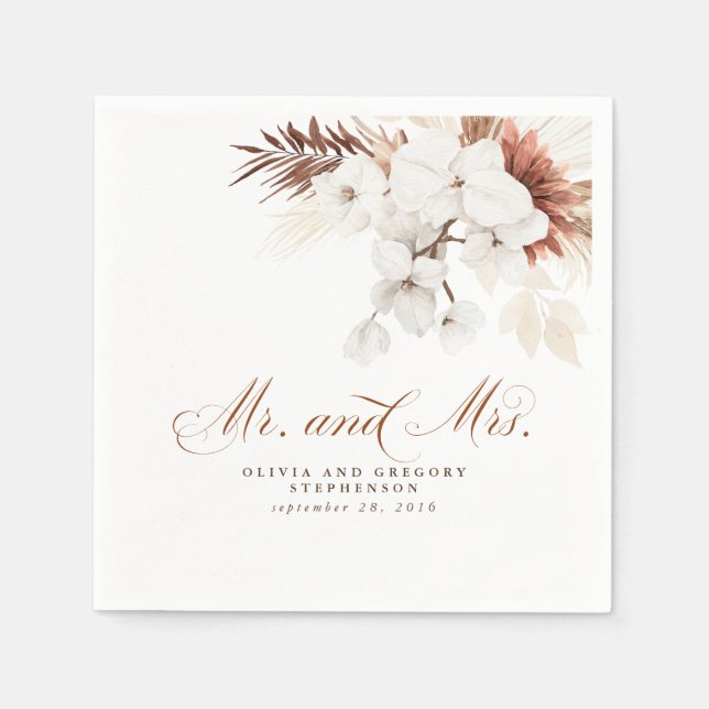 White and Terracotta Flowers Mr and Mrs Wedding Napkins (Front)