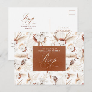 White and Terracotta Flowers Wedding RSVP Postcard