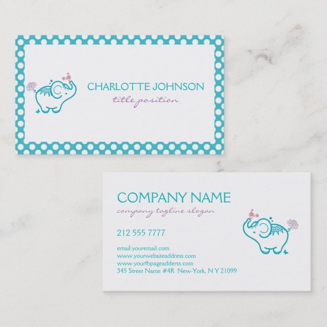 White And Turquoise Baby Elephant And Flowers Busi Business Card (Front/Back)