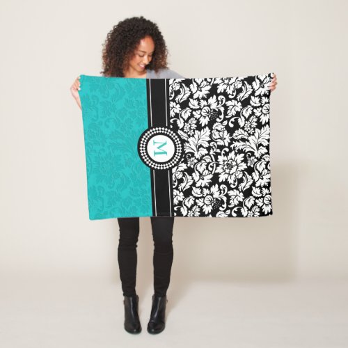 White And Turquoise Damask Fleece Blanket