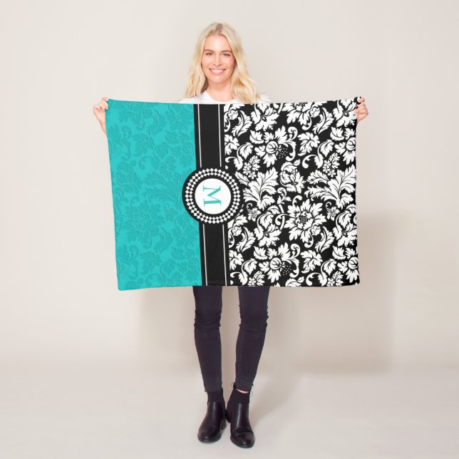 White And Turquoise Damask Fleece Blanket (In Situ)