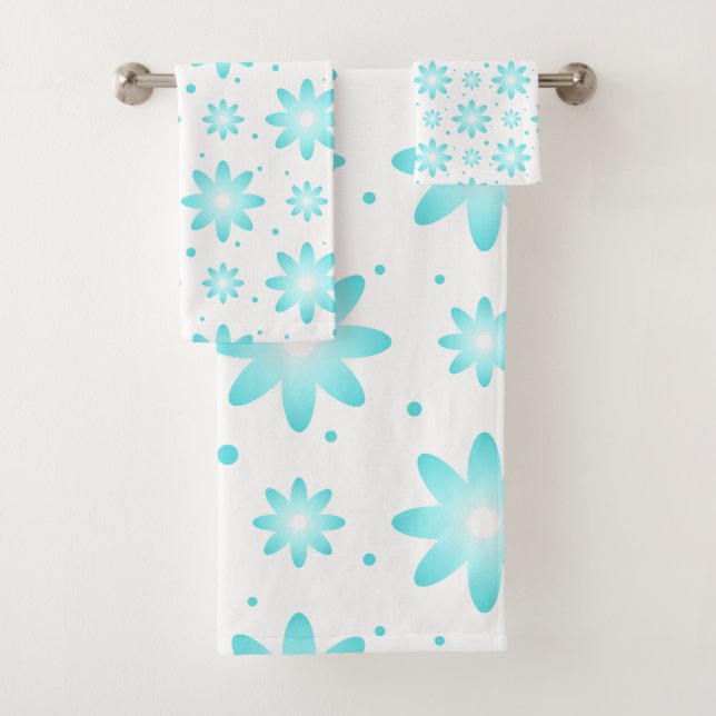 White and turquoise delicate daisy, dots pattern  bath towel set (Insitu)