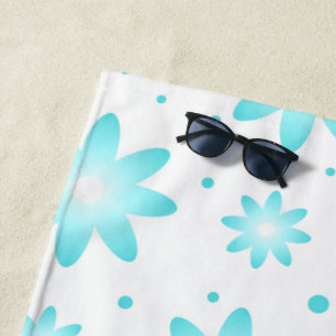White and turquoise delicate daisy, dots pattern beach towel
